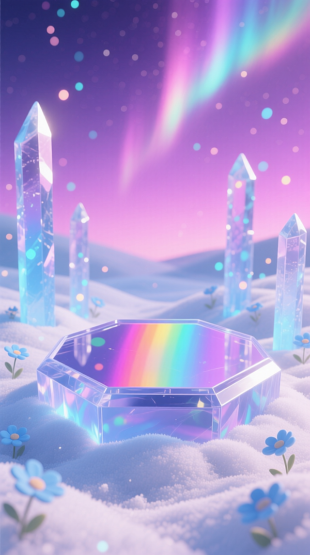 3D 卡通风格，透明冰晶六边形展台漂浮在雪团上，台面映着彩虹光斑。周围立发光冰柱、飘极光色小光斑，点缀淡蓝小花，背景是粉紫渐变夜空，配色冰蓝 + 粉紫 + 银白，奇幻浪漫，自带梦幻滤镜。