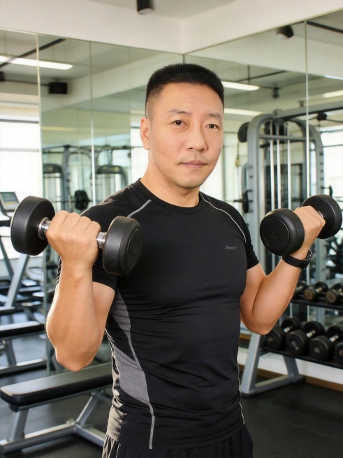 基于参考图人物特征，生成一张健身房运动场景写真，中年成功男士，阳光飒爽，保持身材，成熟魅力，适合社交媒体预览效果