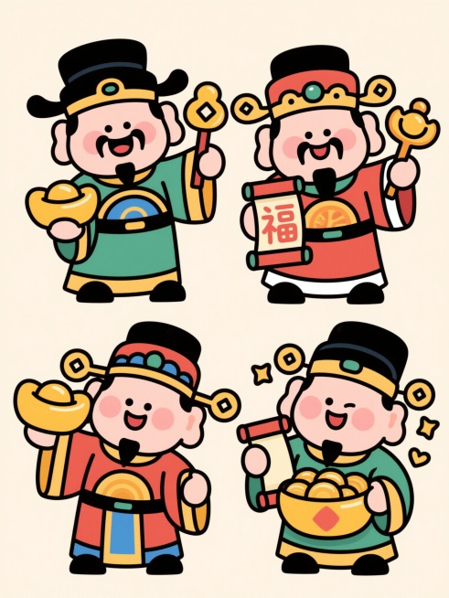四个不同动作和表情的财神元素，采用中国传统吉祥人物风格，圆润可爱的卡通造型，线条简洁流畅，色彩鲜艳明快。财神们身着传统官袍，头戴乌纱帽，面部表情各异，有的笑容满面，有的和蔼可亲，有的喜庆洋洋。他们手持预览效果