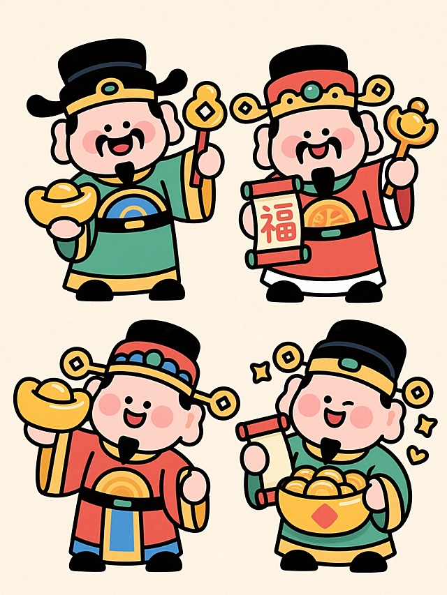 国潮风插画，拟人化财神萌趣登场，扁平设计融合剪纸元素，喜庆红金配色，手持金元宝与福字卷轴，传递新春吉祥祝福。