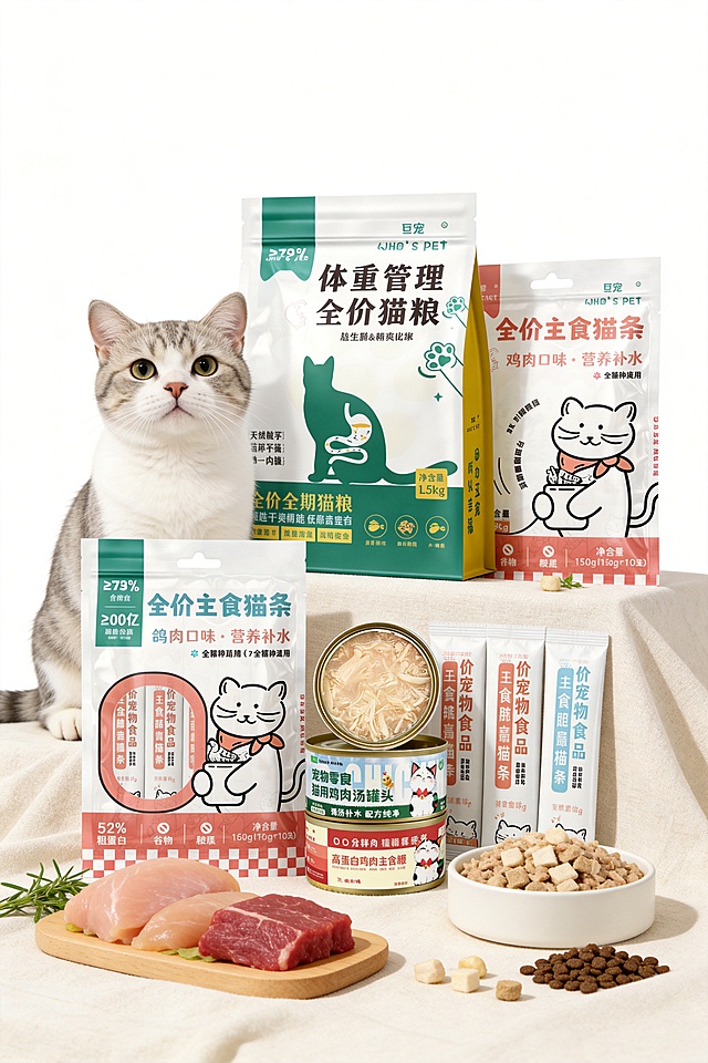 高清商用宠物食品合集宣传海报，柔和色调，整体干净治愈高级质感，整齐陈列猫粮、犬粮、主食罐、零食、猫砂全系列产品，原生态天然食材点缀布景，可爱萌宠猫咪狗狗灵动出镜，光影柔和通透，排版整洁大气，天然鲜肉营养食材，画面清爽养眼，种草氛围感拉满，实拍商业摄影质感，8K 超清，竖版 2:3 比例，无杂乱元素，品牌简约大气风格，产品包含图片中的亘宠品牌猫粮、主食罐、猫条、猫砂等全系列宠物产品