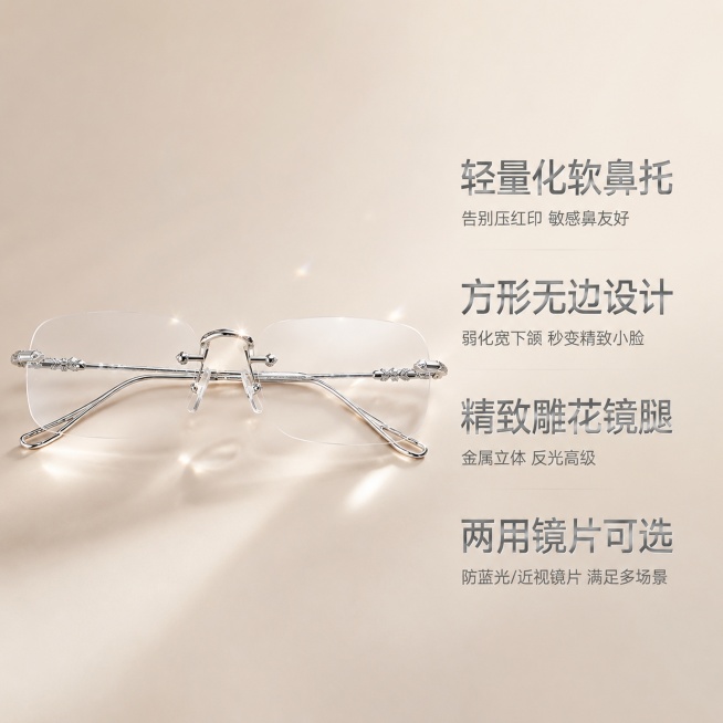 [主图-4] 产品核心卖点总结主图；
[氛围风格] 简约高级ins风，抖音电商实拍氛围感，整体风格统一；
[画质] 商业摄影质感、光线柔和通透、产品清晰真实、画面干净高级。
[元素] 保持眼镜外观（物预览效果