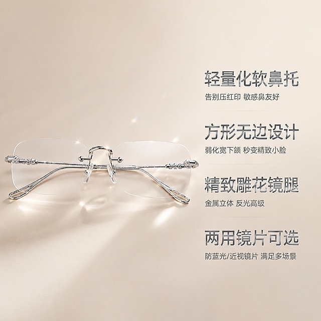 [主图-4] 产品核心卖点总结主图；
[氛围风格] 简约高级ins风，抖音电商实拍氛围感，整体风格统一；
[画质] 商业摄影质感、光线柔和通透、产品清晰真实、画面干净高级。
[元素] 保持眼镜外观（物理结构、材质质感、颜色）与输入产品图绝对一致，杜绝任何变形和色差，精细化处理。完整眼镜产品居中展示，背景为浅奶茶色渐变背景，四个核心卖点分四行排列在产品右侧负空间，不遮挡产品主体。商品主体占比约60%。
[光影] 均匀柔光，产品整体清晰，光影干净。
[配色] 浅奶茶背景搭配银色文字，协调高级。
[视角构图] 正面平视，左右构图，产品左文案右，满屏无边框。
[文字版式] 右侧分四行左对齐，每行大标题配小字说明：
第一行大"轻量化软鼻托" 小"告别压红印 敏感鼻友好"
第二行大"方形无边设计" 小"弱化宽下颌 秒变精致小脸"
第三行大"精致雕花镜腿" 小"金属立体 反光高级"
第四行大"两用镜片可选" 小"防蓝光/近视镜片 满足多场景"
大字粗体大字号，小字缩小50%，字色对比清晰，全部不遮挡产品。
[比例分辨率] 1:1 比例，4k 分辨率；文字清晰锐利，画面超高清。
[负向提示词] 变形，文字错乱，产品图模糊，背景杂乱，水印，电商平台Logo