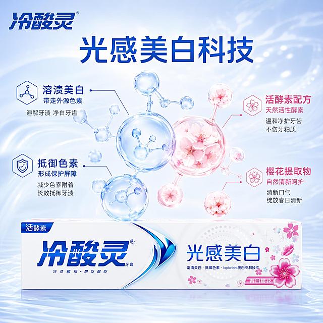 [主图-2] 冷酸灵光感美白牙膏核心功效成分解析图
[氛围风格] 科技纯净感 成分可视化 通透水润亮调 高级科研感
[画质] 超高清商业渲染质感 3D分子结构精细 画面干净专业
[元素] 画面中央偏下位置放置冷酸灵光感美白牙膏春日樱花款产品 保持产品外观与输入产品图绝对一致 产品上方悬浮多个3D微观分子结构球体 透明蓝色酵素分子与粉色樱花提取物分子环绕 周围有细线连接指向对应功效标签 背景为淡蓝色渐变流体纹理 有轻微水波纹质感 左上角冷酸灵品牌Logo 整体画面满版无边框 商品主体占比约40%
[光影] 柔光箱均匀布光 分子球体有通透折射光 产品正面受光均匀 底部有柔和投影 整体光线明亮科技感 无强烈明暗对比
[配色] 主色调科技蓝与纯净白 点缀樱花粉 清新专业
[视角构图] 平视构图 产品在下半部分 上半部分为成分分子与功效说明 上下布局 视觉重心在中部
[文字版式] 上方主标题光感美白科技 蓝色粗体大号居中 下方左右分布两组功效标签 左侧溶渍美白 抵御色素 配分子图标 右侧活酵素配方 温和不伤牙 配樱花图标 文字用细线引出对应分子结构 字体为现代无衬线 清晰可读 不遮挡产品
[输出要求] 1:1比例 文字清晰锐利 超高清3D渲染质感
[负向提示词] 变形 文字错乱 产品模糊 背景杂乱 水印 电商平台Logo