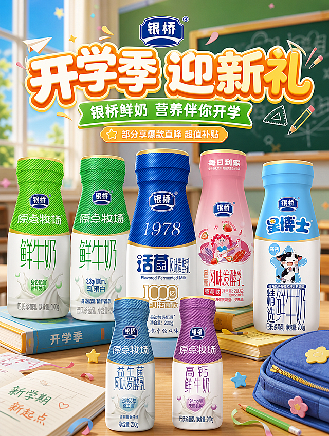 [商品] 使用【图3】绿色原点牧场鲜牛奶、【图4】绿色原点牧场3.3g乳蛋白鲜牛奶、【图5】深蓝色1978活菌风味发酵乳、【图6】粉色草莓味益生菌风味发酵乳、【图7】浅蓝色星博士精选鲜牛奶、【图8】蓝色原点牧场益生菌风味发酵乳、【图9】紫色原点牧场高钙鲜牛奶，共7款银桥瓶装乳品；保留每款瓶子的结构、颜色、Logo、瓶身文字、图案和材质，真实还原包装原貌，自然摆放不改变瓶型比例。
[画面] 开学季主题头图banner，目标营造青春活力的开学校园氛围，上文下图结构。顶部大标题区占画面35%，下方产品展示区占65%。7款银桥乳品错落摆放在教室课桌场景中，周围有书本、铅笔、书包、黑板等开学元素，产品群像占画面60%。前景有飘动的彩色星星和纸飞机装饰，中景是课桌和产品，后景是虚化的黑板和教室窗户，3层以上视觉层次。
[视觉] 套系策略：风格=开学季青春活泼电商详情页风格；标题字=粗圆体/卡通黑体，带轻微描边和立体字效；正文字=简洁无衬线圆体；主色=清新蓝绿+活力橙黄；背景延展=基于蓝绿色做深浅层级渐变，搭配教室木纹、黑板质感；强调色=橙黄色，仅用于小面积标签、图标、价格标和装饰元素；标题色=白色+橙黄描边；正文色=深灰蓝；组件=圆角绿色/橙色信息卡、胶囊标签、书本铅笔装饰元素；光影=顶部暖柔光，产品有自然投影。
[文字] 顶部大标题主标题「开学季 迎新礼」，副标题「银桥鲜奶 营养伴你开学」，下方小字「部分享爆款直降 超值补贴」。产品区上方有品牌Logo「银桥」。文字全部横向排版，不遮挡产品主体。
[规格] 图片比例3:4竖版，4K分辨率，负向提示：避免产品变形、瓶身文字错乱、颜色偏差、人物脸部、二维码、极限词、冷灰背景。