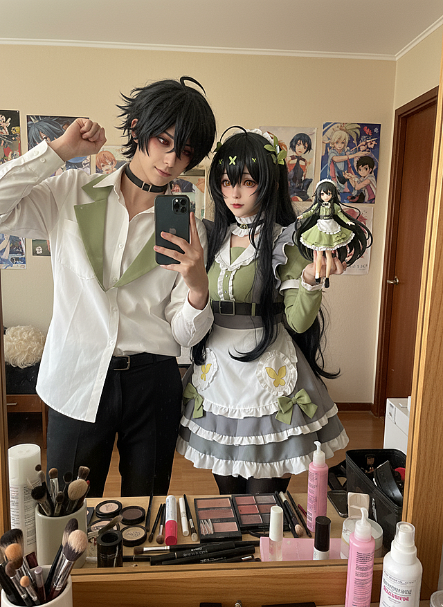 cosplayer真人写实照片，根据该图生成一张现实生活中扮演该角色的写实风格，人物所在的写实场景与原作相对应，人物一只手抬起拿着手机对着镜子正在自拍，另一只手靠近镜头托着带有与该cosplayer照片相对应的玩偶手办。手办的细节特征需精细到可清晰辨识。