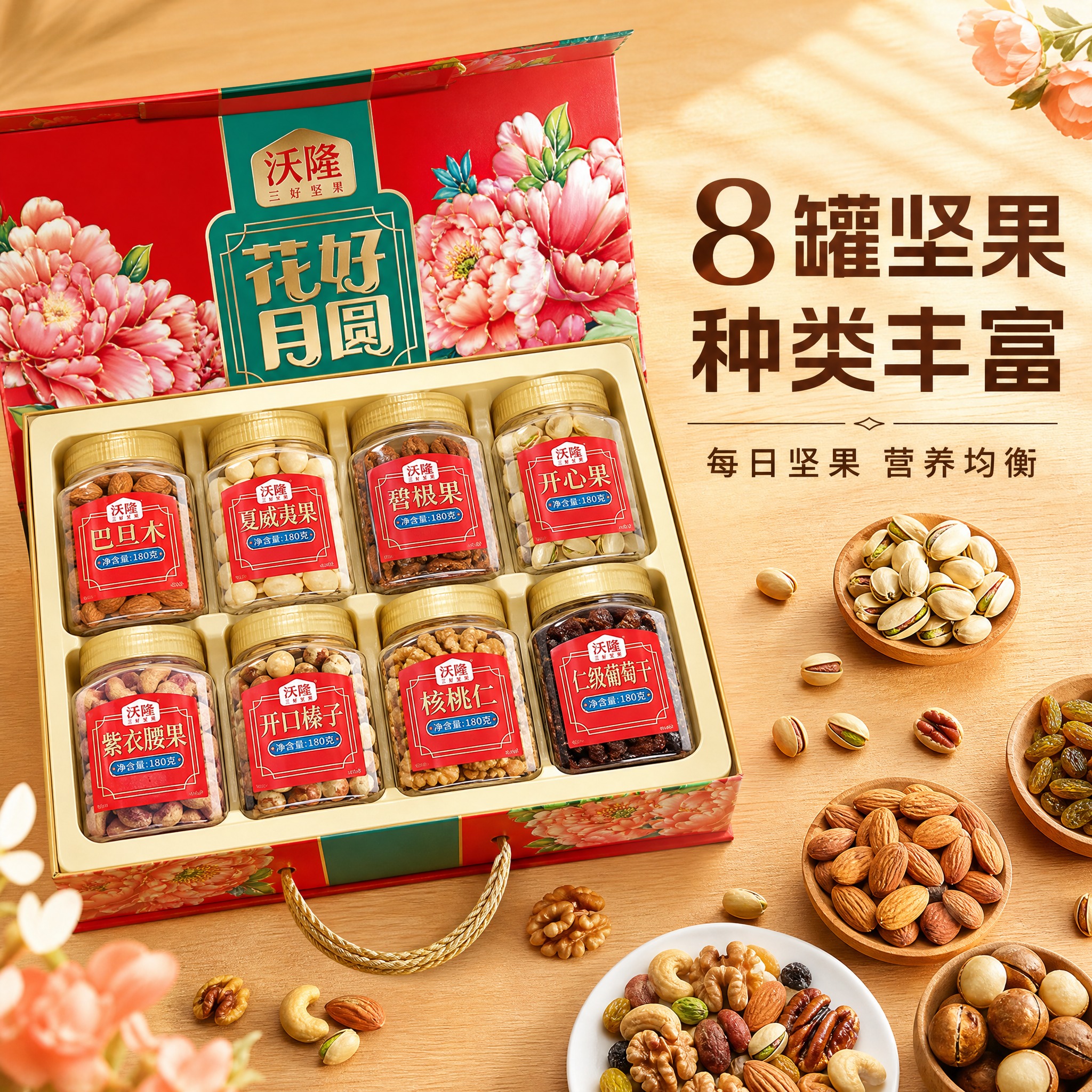 电商主图，沃隆花好月圆坚果礼盒第二张。展示礼盒打开状态，内部8… - 图片创意预览