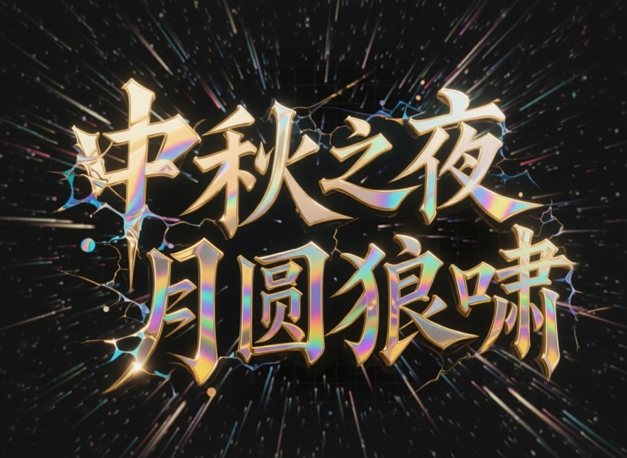 玄明体字体设计，钛金基底笔触，水墨裂变效果，光子流体质感，汉字禅意骨架结构，融合哥特式锐角和未来感负空间，三维全息光晕特效，镭射蚀刻纹理，动态粒子逸散，虹彩渐变，暗黑鎏金描边，遵循北宋活字印刷网格系统预览效果