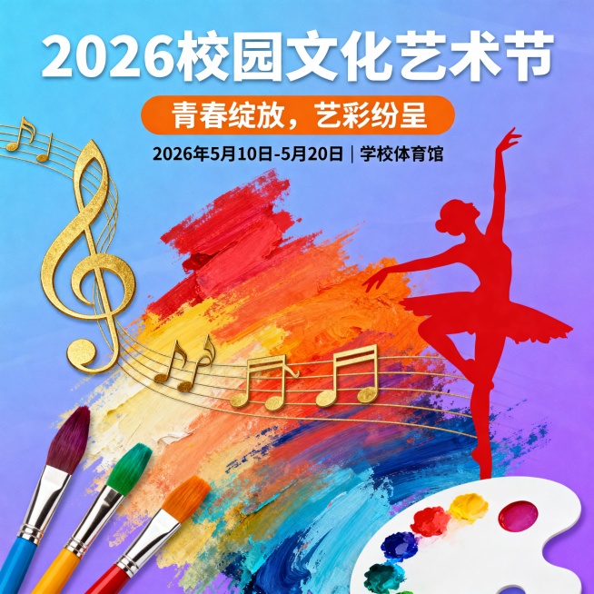为学校“2026年校园文化艺术节”设计宣传海报，主题为“青春绽放，艺彩纷呈”，风格要求为“活力动感、色彩明快、现代简约风”，需包含活动名称、举办时间（2026年5月10日-5月20日）、举办地点（学校预览效果
