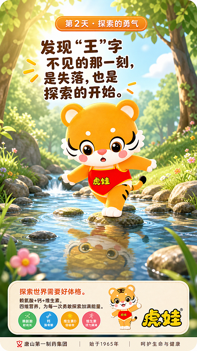朋友圈每日一签海报，9:16竖版。以参考图中的虎娃IP形象（橙色小老虎，红色肚兜写有虎娃二字，额头王字，圆润可爱3D风格）为主角，虎娃小心翼翼地踏过一条清澈的溪流，爪子踩在溪中石头上，水面倒影中额头王字消失。溪水潺潺，溪边绿草小花，背景是郁郁葱葱的森林。顶部圆角日签标签：'第2天 · 探索的勇气'。中部旁白：'发现"王"字不见的那一刻，是失落，也是探索的开始。' 底部产品文案：'探索世界需要好体格。赖氨酸+钙+维生素，四维营养，为每一次勇敢探索加满能量。' 右下角虎娃品牌logo。最底部企业落款：'唐山第一制药集团 · 始于1965年 · 呵护生命与健康'。儿童绘本风格，暖色调，温馨治愈。