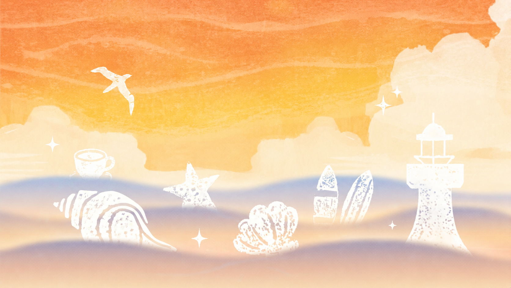 保持画面中所有白色元素（海鸥、云朵、咖啡杯、海螺、海星、贝壳、… - 图片创意预览