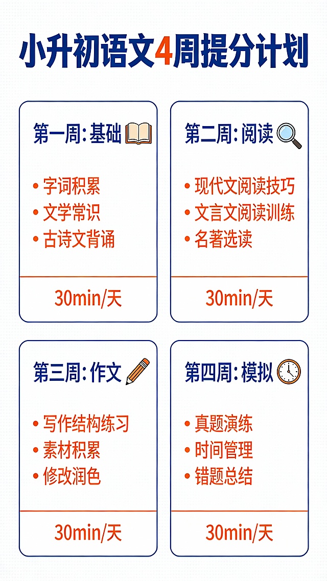 Clean infographic titled "小升初语文4周提分计划". Four weekly blocks: Week1 基础 (book icon), Week2 阅读 (magnifier), Week3 作文 (pencil), Week4 模拟 (clock). Each has checklist and time "30min/天". Color: blue and orange. Background white with subtle grid. --ar 9:16