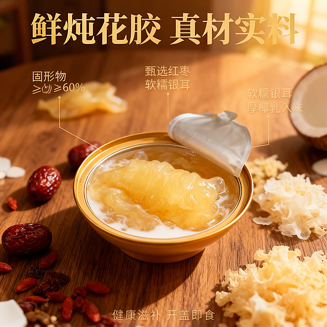 鲜炖花胶品质卖点介绍，高级质感，自然暖光，突出食材新鲜；打开的花胶碗居中展示，花胶胶质饱满晶莹，红枣、银耳、椰乳原料散落在碗的周围，背景为原木质感餐桌，暖逆光打在食材上，凸显通透质感，背景铺满全屏，无边框；主色调为花胶暖黄、食材本色，辅助色为原木棕、暖金色光影；45度俯视构图，小景深突出花胶主体；顶部标题“鲜炖花胶 真材实料”，字体为宋体粗体，暖金色；用细引线分别指向花胶、红枣、银耳、椰乳，对应标注“固形物≥60%”、“甄选红枣”、“软糯银耳”、“厚椰乳入味”；底部小字“健康滋补 开盖即食”；文字均悬浮于背景，布局清晰，不遮挡食材核心部分