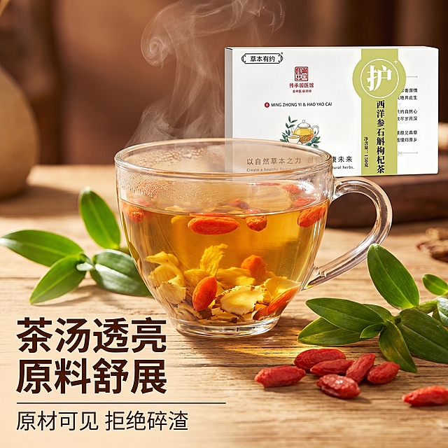 [主图 3] 冲泡细节展示主图
[氛围/风格] 养生品茶氛围感，自然温暖，热气氤氲。
[画面元素] 商业摄影质感、光线柔和通透、产品清晰真实、画面干净高级。透明玻璃杯中倒入泡好的茶汤，各类草本原料在茶汤中舒展，杯壁带有微微热气，产品包装盒放置在画面右上作为品牌展示，背景衬以几片新鲜枸杞和石斛鲜叶，自然木纹桌面，暖光逆光突出茶汤通透感，保持产品包装盒外观与原图一致。
[配色色系] 主色调：茶汤浅黄、木纹棕、鲜叶绿；辅助色：产品米白底色。
[视角构图] 平视特写，主体突出，景深适中。
[文字版式] 左下负空间左对齐，主标题 "茶汤透亮 原料舒展" 深棕色粗体大字；副标题 "原材可见 拒绝碎渣" 小号深棕色在主标题下方，不遮挡主体茶汤与产品。
[比例分辨率] 1:1 比例，2k 分辨率；文字清晰可辨，超高清。
[负向提示词] 变形，水印，文字错乱，产品图模糊，背景杂乱，夸张功效文字，绝对化违禁词。