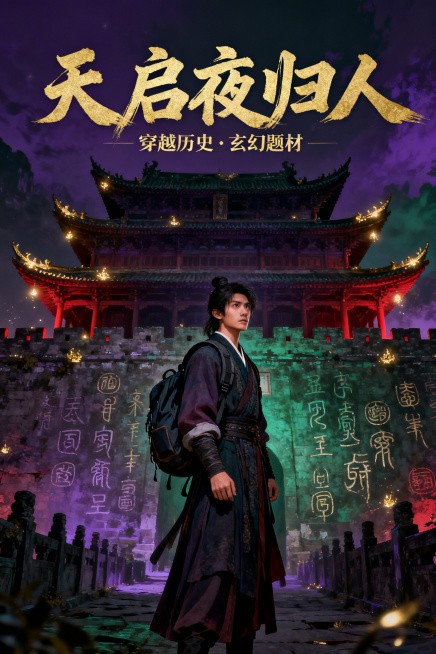 小说《天启夜归人》封面，穿越历史玄幻题材，画面融合古代城楼、神秘符文、身着古装的现代旅人，氛围感拉满，暗色调为主，点缀金色微光，风格厚重神秘预览效果