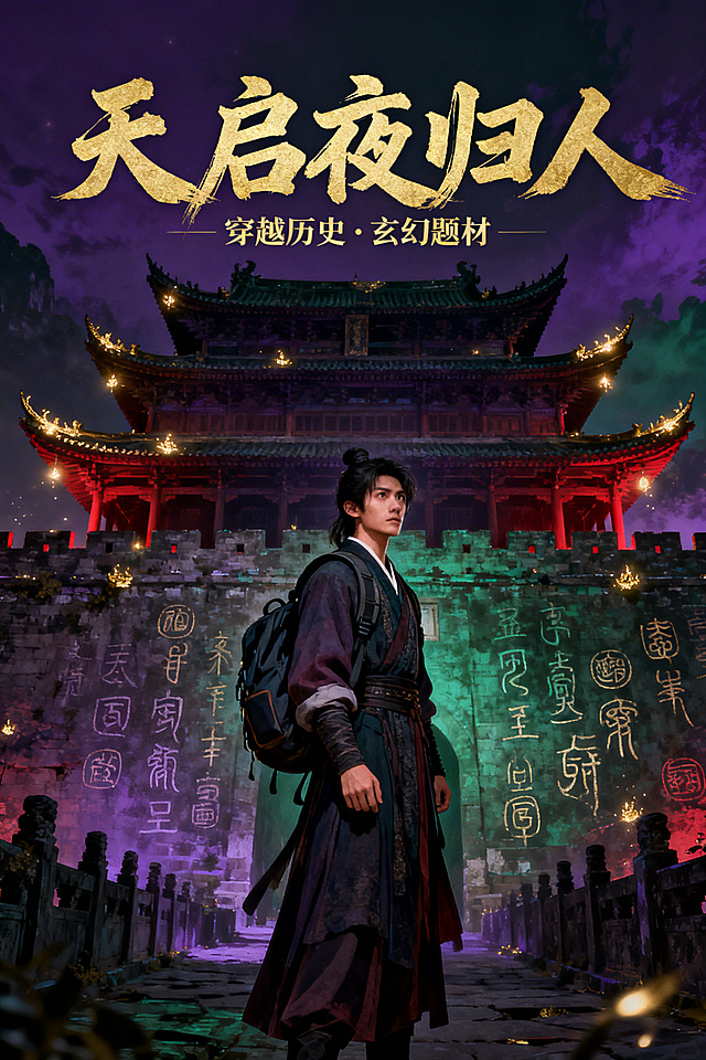 小说《天启夜归人》封面，穿越历史玄幻题材，画面融合古代城楼、神秘符文、身着古装的现代旅人，氛围感拉满，暗色调为主，点缀金色微光，风格厚重神秘