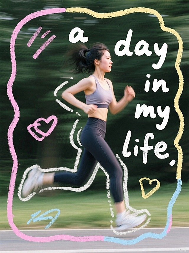 实景照，一个女生正在跑步，人像周围采用蜡笔描边，文案内容为“a day in my life”，手写涂鸦字体