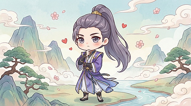 将图1的古风男性角色改成图2的Q版可爱风格，保持角色的紫色古风服饰、灰紫色长发等特征，背景替换为武侠风山水景色