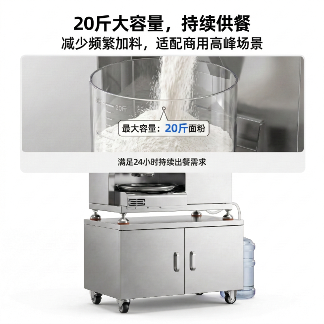 1:1竖版电商主图，严格还原欧信智能面条机产品图，重点特写顶部透明面粉桶，保持容量标识与材质质感完全一致。主标题：20斤大容量，持续供餐，副标题：减少频繁加料，适配商用高峰场景。布局：面粉桶特写占据画预览效果