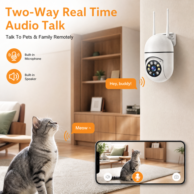 [第5屏] 本屏功能定义：Two-Way Real Time Audio Talk 双向语音对讲生活场景海报，展示监控摄像头在美式居家环境中与宠物互动的使用场景。本屏使用【图1】作为商品主体，严格保留预览效果