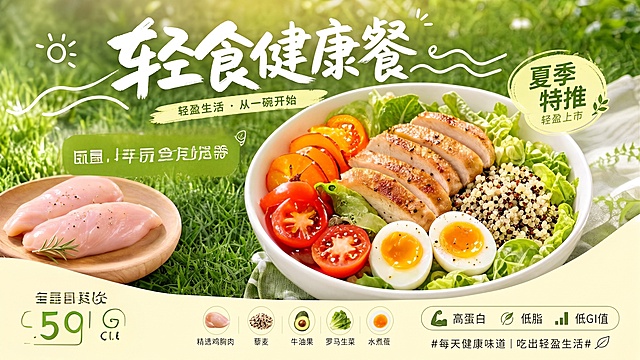 1、请将图片的南瓜、番茄做成可食用比较有食欲的制作烹饪烤过的食物，看上去很有食欲感；
2、请把健康两个字去掉换做餐厅一楼健康档口售卖；
3、请将香煎鸡胸藜麦碗换成：优质蛋白、粗纤维、低脂、低油、低GI值，排列成三排，样式可不变
