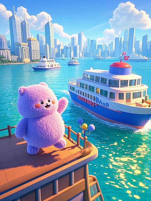 可爱拟人小熊，动漫风设计，清新背景，城市与海洋的和谐景象。