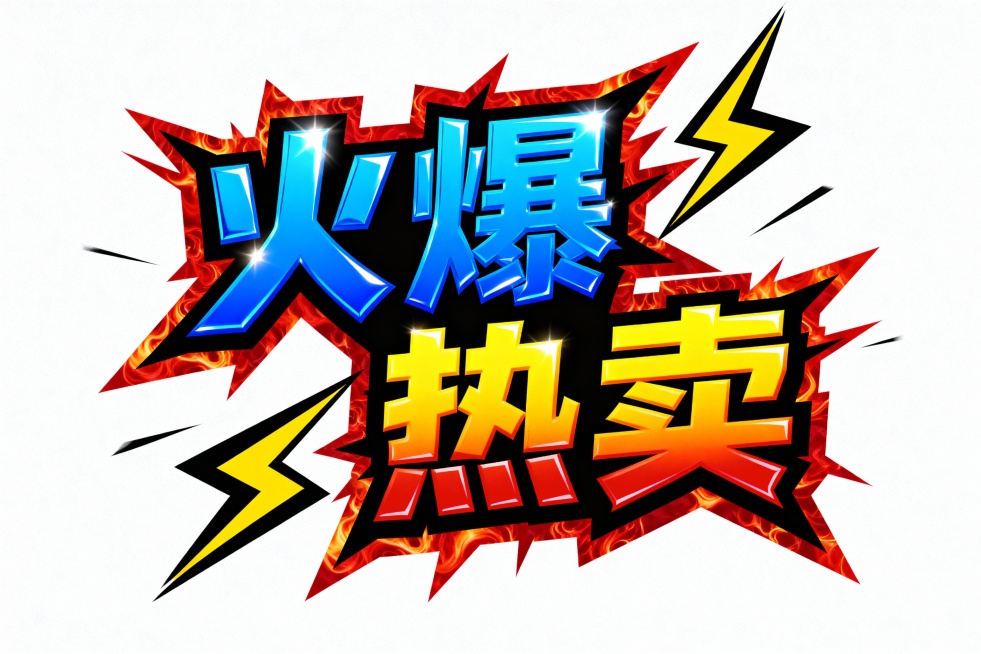 生成潮流促销艺术字设计，主视觉为 “火爆热卖” 四字艺术字 ——“火爆” 用蓝底黑边 + 高光质感，“热卖” 用黄红渐变 + 黑边；文字外环绕红焰纹理、黄黑闪电装饰，整体造型呈尖锐炸裂的潮流风格；色彩预览效果