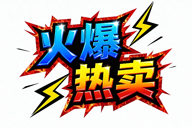 动漫风大字设计，火焰与闪电元素营造爆炸冲击感，霓虹光效强化热血促销氛围，粒子动感突显热卖主题。