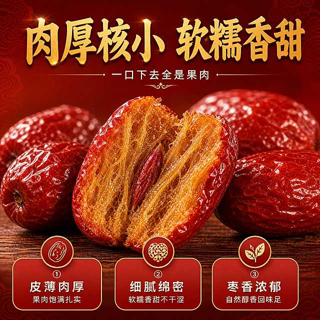 [主图-3] 细节品质图，主题为肉厚核小 软糯香甜，展示果肉细节品质。
[统一基调] 国潮红金视觉风格，主背景为深红色渐变搭配暗纹祥云，主标题使用金色粗体书法字，辅助文案为米白色黑体，强调色为金色，整体喜庆大气有食欲感，符合抖音强视觉冲击调性。
[画面] 画面主体为微距特写的红枣，前景是一颗被掰开的大枣，切面朝向观众，展示厚实的金黄果肉和细小的枣核，果肉纤维细腻绵密、丝丝分明，表面泛着蜜糖般的光泽。掰开的枣子旁边散落着3-4颗完整的红枣，表皮褶皱自然、色泽深红油亮。所有红枣摆放在深色木质桌面上，木纹清晰可见。背景为深红色渐变虚化，突出主体。整体构图为居中特写，产品占画面约70%。
[光影质感] 暖调侧逆光，主光从左上方打来，果肉切面有强烈的通透感和光泽，红枣表皮有油亮的高光反射，木质桌面有柔和的接触阴影，微距摄影级质感，细节丰富诱人。
[配色] 深红色背景 + 红枣暗红色表皮 + 金黄果肉 + 深棕色木纹桌面 + 金色标题文字，暖色调高对比。
[文字版式] 画面顶部大标题为金色粗体书法字"肉厚核小 软糯香甜"。标题下方一行小字"一口下去全是果肉"，米白色字体。画面底部有三个红色圆角信息框横向排列，分别配金色图标和白色文字：①皮薄肉厚 果肉饱满扎实；②细腻绵密 软糯香甜不干涩；③枣香浓郁 自然醇香回味足。
[输出要求] 比例1:1，文字清晰可读无错字，产品清晰不变形，画面干净无杂乱元素，无水印无平台logo，禁止出现绝对化极限词。
