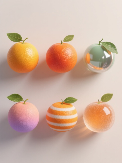 超写实风格的六个橙子造型设计，每个橙子具有独特的配色、样式和材质，在浅色背景上呈上下两行对齐排列。每个橙子都展现出高度精细的3D质感，表面纹理清晰可见，仿佛具有真实的重量感和体积感。主色调以橙色系为基础，但每个橙子融入不同的色彩变化，有的偏暖黄，有的带橙红，有的含淡绿，有的泛浅紫，有的有粉橙渐变，有的则是橙白相间的条纹样式。材质方面，有的橙子呈现光滑的果皮质感，有的带有磨砂效果，有的模拟玻璃的……预览效果