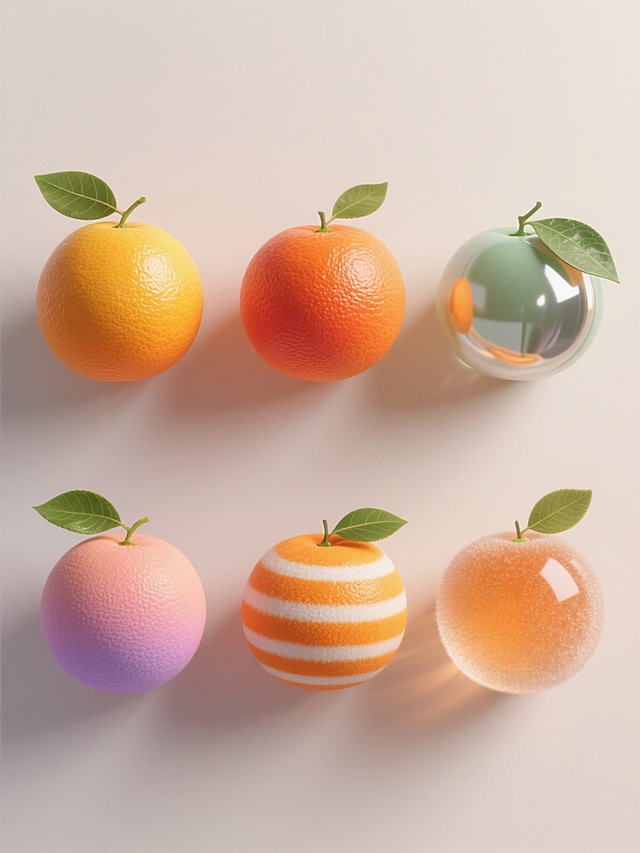 超写实风格的六个橙子造型设计，每个橙子具有独特的配色、样式和材质，在浅色背景上呈上下两行对齐排列。每个橙子都展现出高度精细的3D质感，表面纹理清晰可见，仿佛具有真实的重量感和体积感。主色调以橙色系为基础，但每个橙子融入不同的色彩变化，有的偏暖黄，有的带橙红，有的含淡绿，有的泛浅紫，有的有粉橙渐变，有的则是橙白相间的条纹样式。材质方面，有的橙子呈现光滑的果皮质感，有的带有磨砂效果，有的模拟玻璃的通透感，有的具有金属的光泽，有的像是毛绒材质，还有的则是半透明的果冻质感。每个橙子的光影处理细腻，光源来自左上方，在橙子表面形成自然的高光和阴影，增强立体感。部分橙子带有翠绿的叶子，叶子的脉络清晰，边缘微微卷曲，展现出新鲜的状态。整体构图简洁明了，六个橙子大小均匀，排列整齐，上下两行各三个，间距相等，视觉上平衡和谐，信息传达直接高效，具有现代设计感。