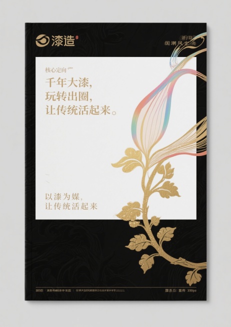 核心风格要求（所有页面通用前缀）：国潮风，融合大漆非遗技艺元素（漆色、漆纹、漆工艺细节），现代简约审美，色彩以大漆经典色（朱红、乌黑、明黄、石青）为主，搭配低饱和辅助色，画面细腻有质感，版式干净留白合预览效果