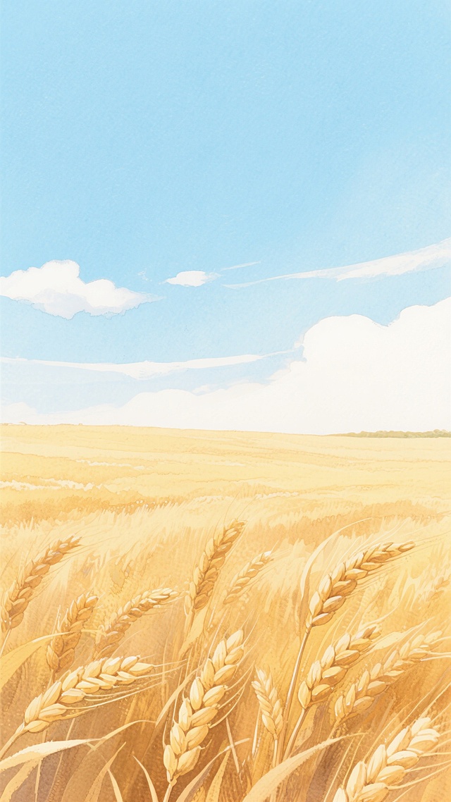 清新水彩风格的丰收主题海报，画面中广阔的金色麦穗田野占据下方60%空间，饱满的麦穗颗粒分明，麦芒清晰可见，随风微微摇曳，洋溢着丰收的喜悦氛围。天空占据上方40%作为留白区域，纯净的浅蓝色背景点缀着几缕柔和的白色云彩，营造出开阔透气的视觉效果。整体色调以温暖的金黄色和清新的蓝色为主，色彩过渡自然柔和，水彩特有的透明质感和细腻晕染效果贯穿画面，笔触轻盈灵动，画面简洁大方，能在短时间内传达出丰收的喜悦与自然的美好。