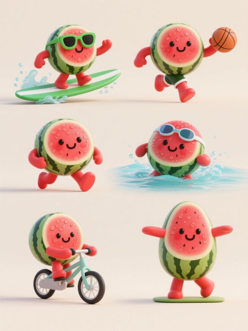 6个不同样式的3D卡通西瓜运动小人，每个西瓜小人都具有鲜艳的红色瓜瓤、深绿色带浅色条纹的瓜皮、黑色西瓜籽，以及圆润的红色小手脚，整体呈现Q版可爱造型。第一个西瓜小人戴着绿色墨镜在冲浪，脚下踩着绿色条纹冲浪板，周围有飞溅的水花；第二个西瓜小人在跑步，双臂前后摆动，表情充满活力；第三个西瓜小人在打篮球，双手持球准备投篮；第四个西瓜小人在游泳，戴着泳帽和泳镜，身体呈现划水姿势；第五个西瓜小人在骑自行……预览效果