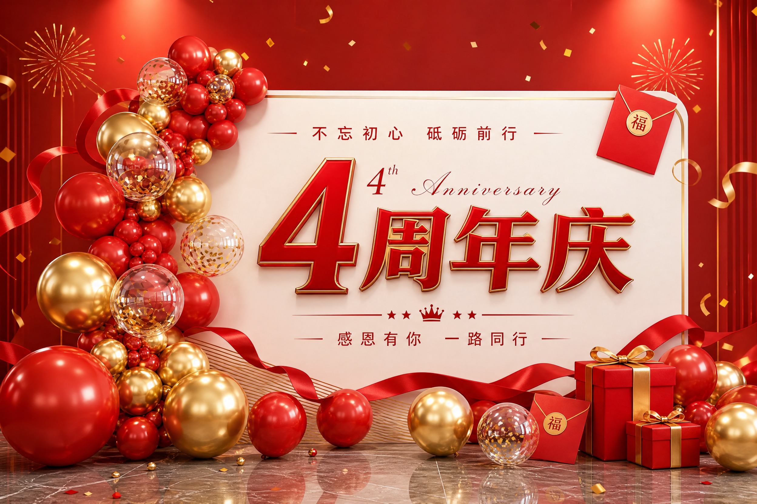 4周年庆活动展板，红金喜庆风格，中国红为主色调搭配金色装饰。画… - 图片创意预览