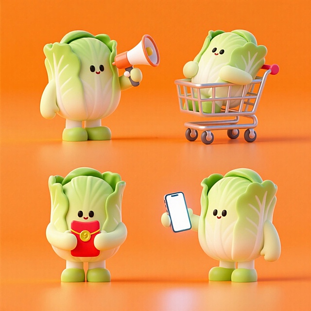 4个同角色不同动作的拟人化的白菜：1、拿着喇叭，2、坐在购物车里，3、拿着红包，4、拿着手机。橙色背景，上下两行，排列整齐