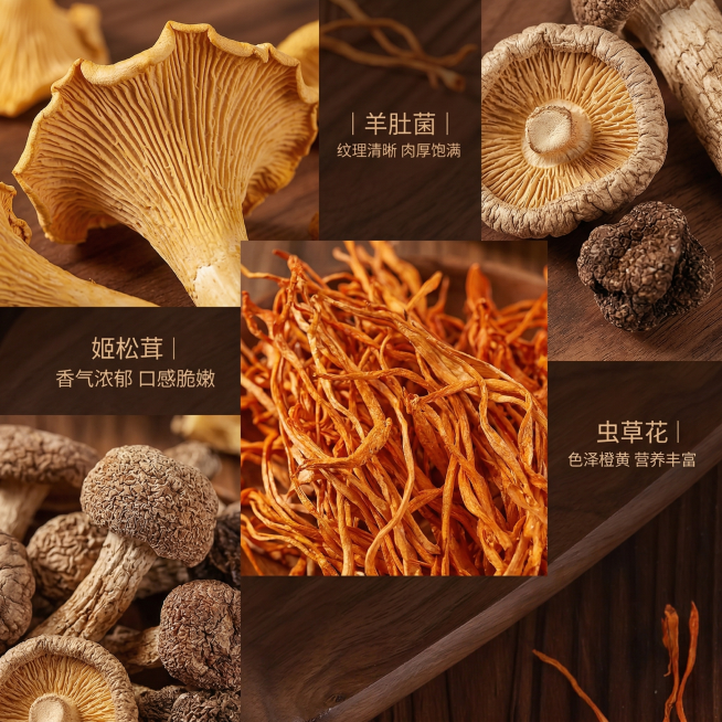 [垫图]羊肚菌汤包食材细节特写；[氛围/风格]微距食材质感风，柔和侧光凸显纹理；[画面元素]羊肚菌、姬松茸、虫草花分别做局部微距特写，以拼图形式分布在画面中，每块特写对应原食材的位置，光影统一为暖光，预览效果