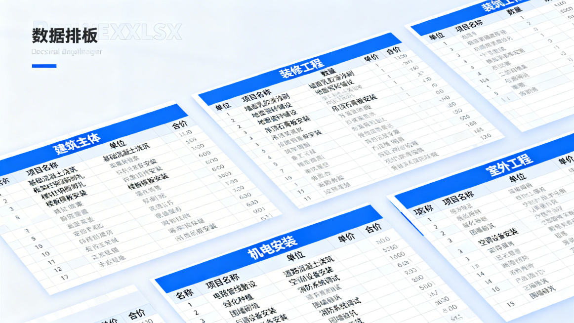 将提供的OPPO埃及工厂员工餐厅大楼工程量清单内容，生成一个结构清晰、排版规范的XLSX表格格式文件，包含所有工作表和对应内容预览效果
