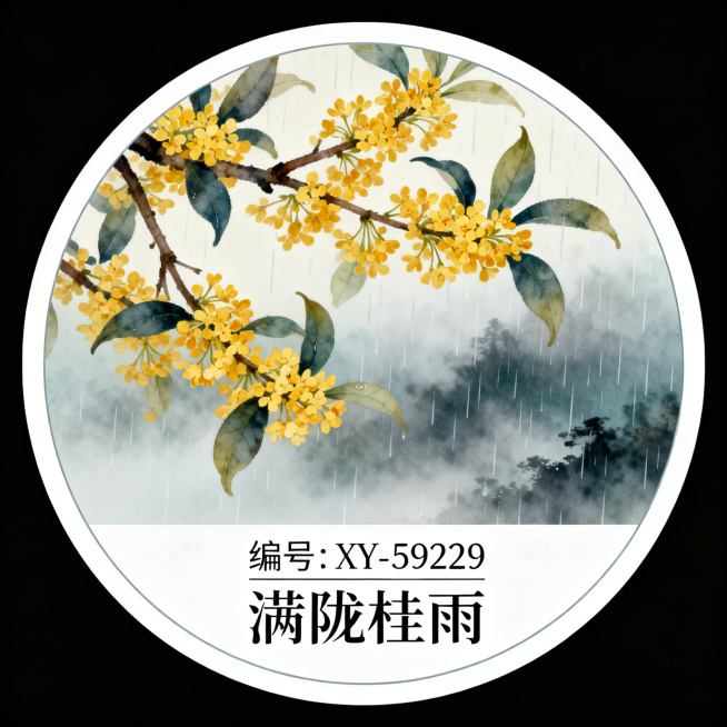 圆形产品标签，满陇桂雨主题设计，整体为正圆形，画面包含满枝金黄桂花搭配朦胧雨景元素，图案和名称意境呼应，清晰标注文字：编号"XY-59229"，名称"满陇桂雨"，设计雅致有诗意，适合作为产品标签使用预览效果
