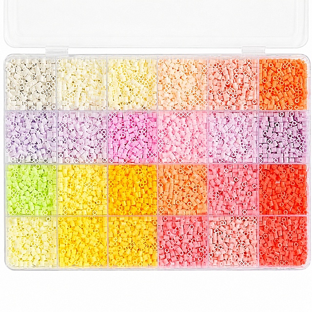 [主图-1] 24 colors perler beads box main image. [氛围风格] clean and professional e-commerce product photography. [画质] commercial photography texture, soft and transparent light, clear and real product, clean and advanced picture. [elements] the 24-grid perler beads storage box from the input image is placed in the center of the picture, with the box open to display the gradient macaron color matching. keep the product appearance (physical structure, material texture, color) absolutely consistent with the input product image, eliminate any deformation and color difference, fine processing. the product accounts for more than 85% of the picture, pure white background #FFFFFF, no shadow, no extra decorations. [light] soft top main light, side auxiliary light, uniform illumination, the outline of the storage box is clear, highlight the layered color matching of perler beads, no harsh shadow. [color matching] main color pure white background, auxiliary color macaron gradient warm color matching of perler beads. [perspective composition] head-up perspective, product centered, complete outline without cutting. [text layout] according to amazon cross-border platform specifications, no additional marketing text is added, only the product itself is displayed. [output requirements] 1:1 ratio, 2048px * 2048px, text clear recognizable, ultra HD commercial photography texture. [negative prompt] deformation, text disorder, blurred product image, messy background, watermark, e-commerce platform Logo, extra text, marketing information.