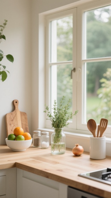 现代简约风格厨房窗台特写，自然光透过大面积玻璃窗洒入，形成明亮温暖的氛围，浅色木质台面纹理清晰，左侧摆放装满橙子和青柠的白色陶瓷碗，旁边是两个玻璃调味罐和一块木质砧板，中央透明玻璃花瓶中种植着新鲜香草，右侧立着装有木质厨具的白色容器，窗边散落着两个洋葱，窗外是模糊的绿色植物和自然景色，整体色调以米白、原木色和清新绿色为主，光影柔和，细节质感丰富，充满生活气息与自然和谐感。预览效果