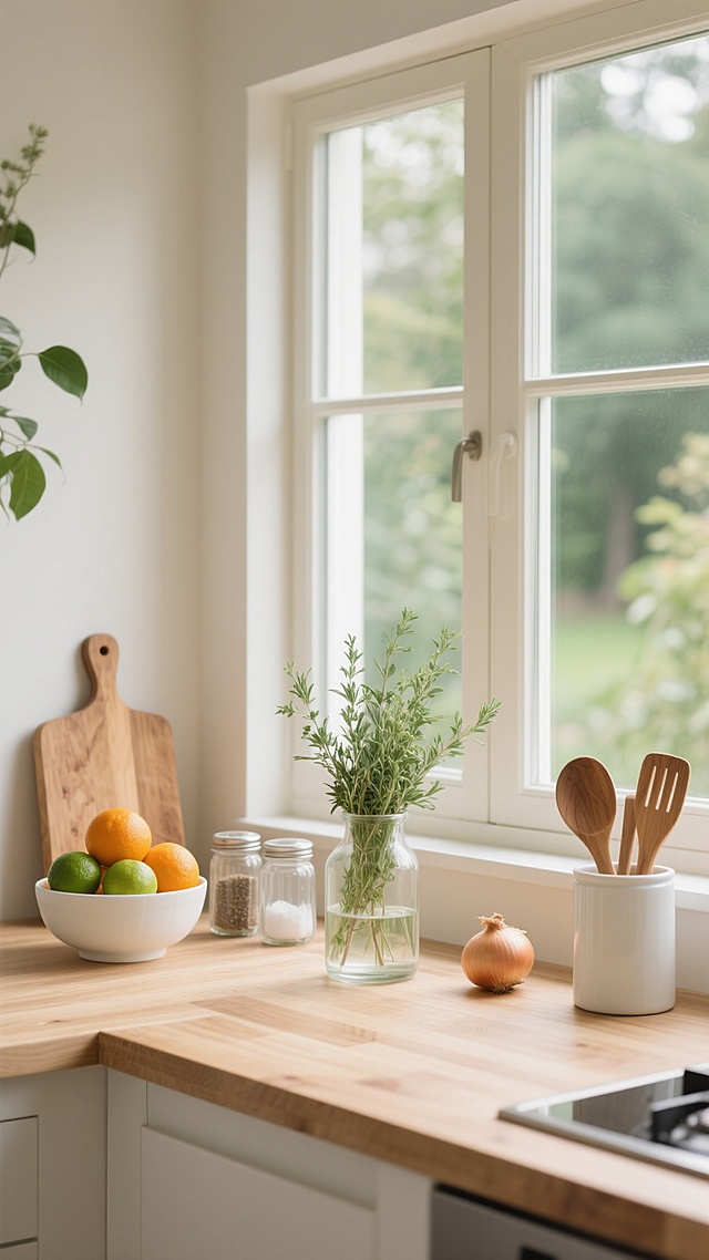 现代简约风格厨房窗台特写，自然光透过大面积玻璃窗洒入，形成明亮温暖的氛围，浅色木质台面纹理清晰，左侧摆放装满橙子和青柠的白色陶瓷碗，旁边是两个玻璃调味罐和一块木质砧板，中央透明玻璃花瓶中种植着新鲜香草，右侧立着装有木质厨具的白色容器，窗边散落着两个洋葱，窗外是模糊的绿色植物和自然景色，整体色调以米白、原木色和清新绿色为主，光影柔和，细节质感丰富，充满生活气息与自然和谐感。