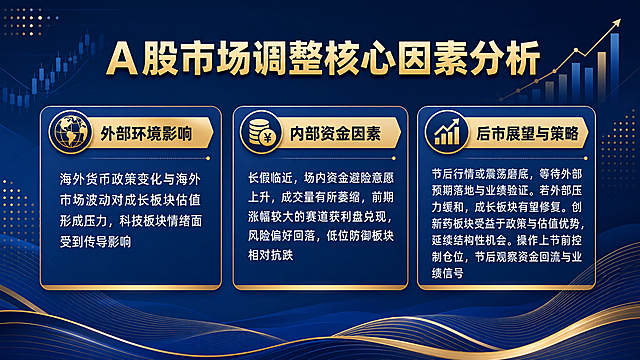 一张横版投资理财知识分享海报，简约专业的商务风格，深蓝与金色配色。画面顶部大标题"A股市场调整核心因素分析"，下方分为三大信息模块。模块一标题"外部环境影响"，内容为"海外货币政策变化与海外市场波动对成长板块估值形成压力，科技板块情绪面受到传导影响"。模块二标题"内部资金因素"，内容为"长假临近，场内资金避险意愿上升，成交量有所萎缩，前期涨幅较大的赛道获利盘兑现，风险偏好回落，低位防御板块相对抗跌"。模块三标题"后市展望与策略"，内容为"节后行情或震荡磨底，等待外部预期落地与业绩验证。若外部压力缓和，成长板块有望修复。创新药板块受益于政策与估值优势，延续结构性机会。操作上节前控制仓位，节后观察资金回流与业绩信号"。背景采用渐变深蓝色，融入抽象几何图形、波浪线条、数据图表装饰元素，金色点缀，整体简洁大气，信息层级清晰，版式精美，文字清晰可读，四周留边距。画面中所有数字必须精确渲染。画面中不得出现二维码占位符。所有信息区域填充完整内容，无空白框。