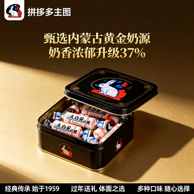 这张图片是产品主体这款产品是上海冠生园大白兔奶糖 我需要设计20张主图在拼多多上面售卖    主图场景布局可以用 等设计一个高级一些主图文案内容  甄选内蒙古黄金奶源带的优质鲜奶 奶香浓度比普通奶粉高预览效果