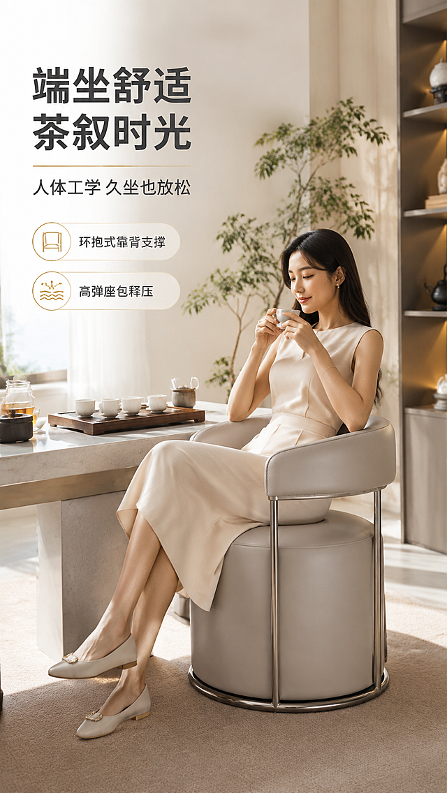 [商品] 使用【图1】DY-8821D客人位茶椅；保留弧形靠背、圆柱形座包、不锈钢框架、米白皮革与整体造型比例；商品处理：保持产品原貌，增强皮革与金属质感，座包饱满自然，不改变结构。
[画面] 目标：沉浸体验页，体现坐感舒适与真实使用场景。场景满铺构图，一位亚洲女性优雅端坐茶椅上，手捧茶杯品茶，姿态自然放松；产品占画面约50%，人物与茶椅互动自然；背景为明亮的现代茶室，茶桌、茶具、绿植点缀，午后暖光从侧窗照入，营造惬意茶歇氛围。
[视觉] 套系策略：风格=现代轻奢亮调商业摄影；标题字=现代简约粗黑体；正文字=简洁无衬线体；主色=米白+浅灰；背景延展=基于米白浅灰做同色系深浅渐变、细腻哑光质感与暖调光影；强调色=香槟金，仅用于小面积图标、引线和标签点缀；标题色=深炭灰；正文色=中暖灰；组件=圆角浅底信息卡、细线引线、简约icon；光影=左前侧暖柔自然光，明亮通透，阴影柔和。
[文字] 画面左上留白处：主标题「端坐舒适 茶叙时光」，副标题「人体工学 久坐也放松」，下方2个体验卖点（环抱式靠背支撑丨高弹座包释压），文字不遮挡人物与产品主体。
[规格] 图片比例9:16竖版，4K分辨率，负向提示：避免变形、错字、文字过小、人物面部模糊、产品结构改变、极限词、水印。