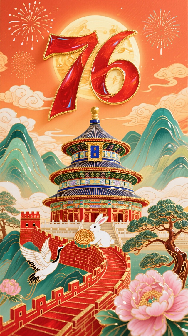 国潮插画风，鎏金浮雕质感，大字“76”辉映明月，天坛、长城与玉兔共绘中式梦幻画卷，喜庆古典，民族韵味浓厚。