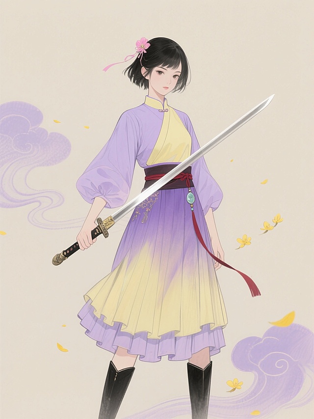 中国风二次元插画，一位手持长剑的年轻女性侠客，采用飘逸灵动的水墨风格线条，柔和的渐变色彩，简约的笔触质感，人物姿态挺拔，眼神坚定，黑色短发点缀粉色发饰，身着变换后的新造型服饰——淡紫色与鹅黄色渐变交叠的改良汉服，上衣为立领琵琶袖，下裙为层叠百褶裙，腰间系着深红色腰带并悬挂玉佩，黑色长靴，背景为纯色浅米色，周围环绕着轻盈的淡紫色云纹和飘落的黄色花瓣，整体画面保持清新雅致的氛围，构图居中平衡，光影柔和，突出人物主体。