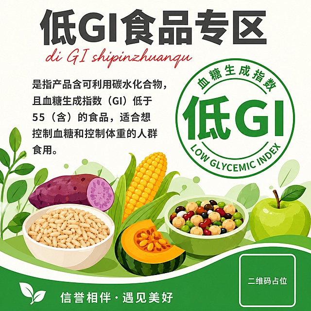 低GI食品专区科普宣传海报，正方形构图，扁平插画风格，清新健康绿色调。

【版式分区】
- 顶部主标题区：居中大字号粗体深灰色标题"低GI食品专区"，醒目突出；标题下方红色手写风格拼音装饰"di GI shipinzhuanqu"
- 上半部分左右布局：左侧正文说明区多行深灰色说明文字"是指产品含可利用碳水化合物，且血糖生成指数（GI）低于55（含）的食品，适合想控制血糖和控制体重的人群食用。"；右侧绿色圆形印章，顶部弧形"血糖生成指数"，中间大字号"低GI"，底部弧形英文"LOW GLYCEMIC INDEX"
- 中部插画区：低GI健康食材插画，包含紫薯、玉米、燕麦、南瓜、杂豆碗、青苹果等，搭配绿叶装饰，清新自然
- 底部：绿色波浪形装饰条，左侧白色小字"信誉相伴·遇见美好"配小叶子图标，右侧白色边框二维码占位方块标注"二维码占位"

【配色】白色/浅米白背景为主，鲜绿色为主色调，深灰色文字，红色拼音点缀，整体清新健康自然感

【氛围】干净清爽，健康自然，科普信息清晰易读，扁平化设计风格，正方形构图均衡饱满

【文字约束】画面中必须完整呈现以下文字信息："低GI食品专区"、"di GI shipinzhuanqu"、"是指产品含可利用碳水化合物，且血糖生成指数（GI）低于55（含）的食品，适合想控制血糖和控制体重的人群食用。"、"血糖生成指数"、"低GI"、"LOW GLYCEMIC INDEX"、"信誉相伴·遇见美好"。画面中所有数字"55"必须精确渲染，不得错位、遗漏或编造。

画面中所有二维码区域使用纯色方块占位符呈现，方块中央标注"二维码占位"文字，严禁生成任何可识别的二维码图案。画面中所有信息区域必须填充完整合理的内容，不得出现空白框、空白占位、横线待填写区域；版式精美，文字清晰可读，四周留足安全边距。