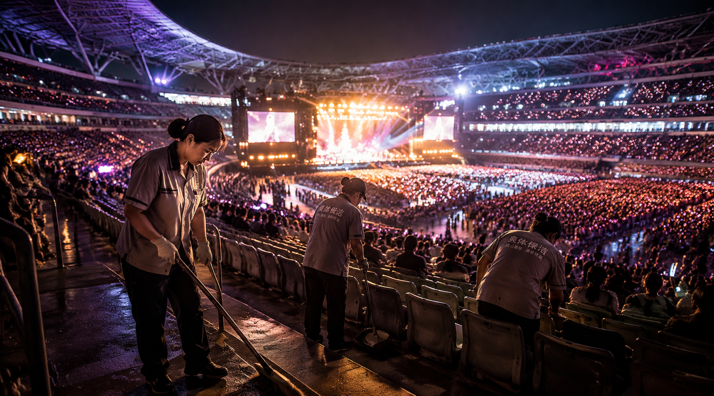 南京奥体中心夜景，演唱会舞台灯光璀璨，观众席人头攒动荧光棒闪烁… - 图片创意预览