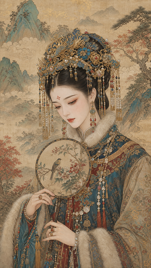 竖版半身人像，仿古绢帛工笔重彩国画，新中式精细白描，绢本宣纸做旧泛黄肌理，清宫贵妃，精致鹅蛋脸，眉间朱砂花钿，细长丹凤眼，温婉低垂眉眼，繁复点翠鎏金凤冠，珍珠流苏步摇，清代华贵镶毛领旗装，金银宝石璎珞配饰，手持花鸟团扇；背景是工笔青绿山水，云雾远山搭配红枫松林，淡墨写意留白，精细铁线勾线，局部描金，雅致复古低饱和配色，细腻肤色晕染，极致细节刻画